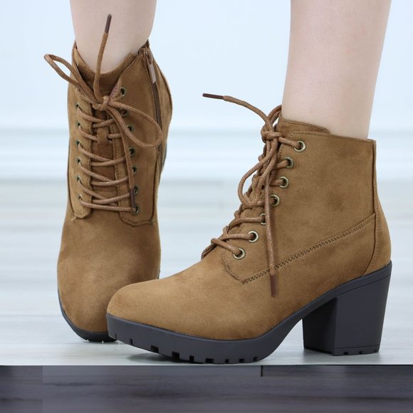 Tan Ankle Boots Chunky Block Lug High Heel Booties Lace-Up - Picture 12 of 12